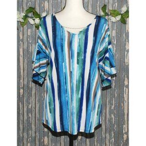Cato Est. 1946 Ladies Blue Blouse Top Size S Beaded Faux Necklace Bell SS V-Neck